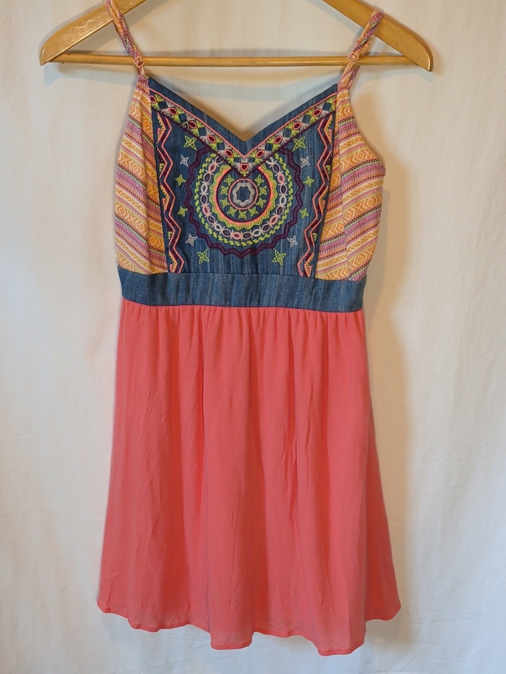 Flying Tomato Coral Pink Sundress with Embroidered Denim Bodice